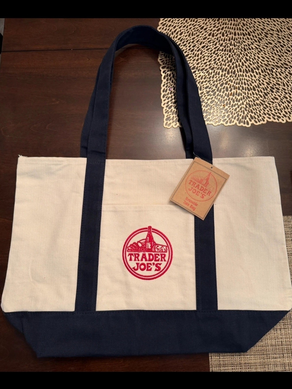 Trader Joe's Canvas Tote Bag in Cream and Navy with Red Logo